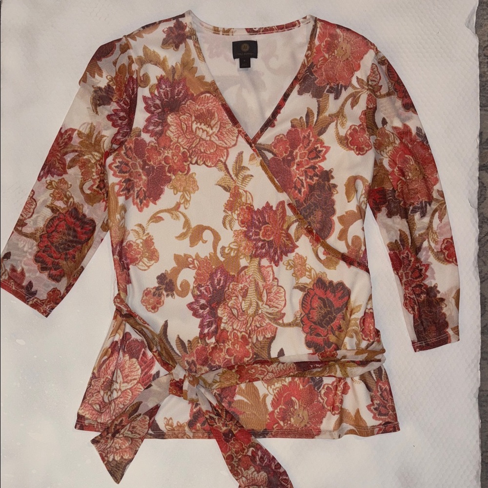 JM Collection Printed Floral Faux Wrap Top w Tie Women’s Size Medium